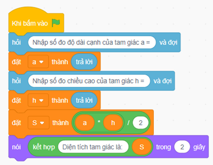 Toàn bộ khối lệnh lập trình Scratch để tính diện tích tam giác từ giá trị đáy và chiều cao.