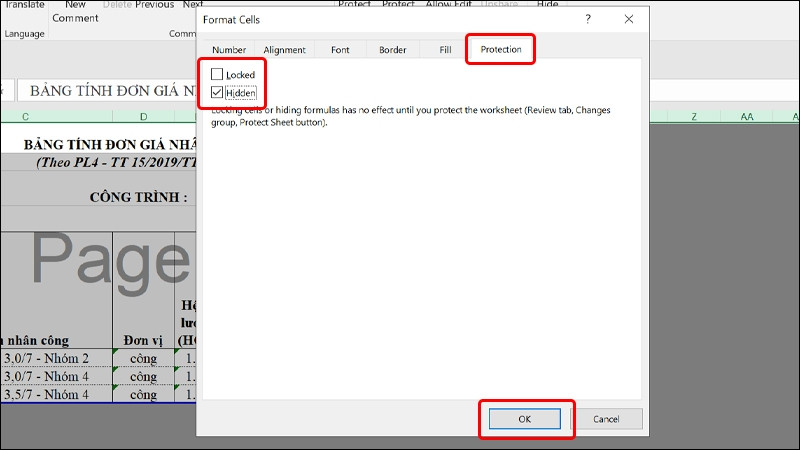 Trong tab Protection, bỏ tích Locked và tích chọn Hidden để ẩn công thức Excel.
