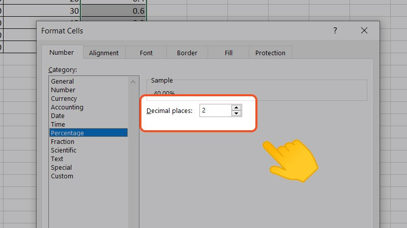 Tùy chọn Decimal Places trong Format Cells của Excel, cho phép điều chỉnh độ chính xác của số phần trăm, quan trọng khi áp dụng công thức tính phần trăm giảm giá.