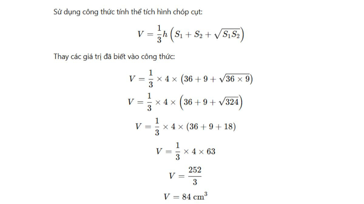 Ví dụ áp dụng công thức tính thể tích hình chóp cụt chi tiết