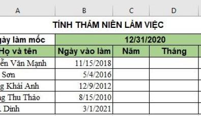 Ví dụ bảng dữ liệu cho công thức tính số năm thâm niên trong Excel