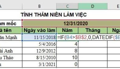 Ví dụ công thức tính số năm thâm niên làm việc trong Excel