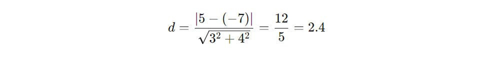 Ví dụ minh họa áp dụng công thức tính khoảng cách giữa 2 đường thẳng 3x+4y+5=0 và 3x+4y-7=0.