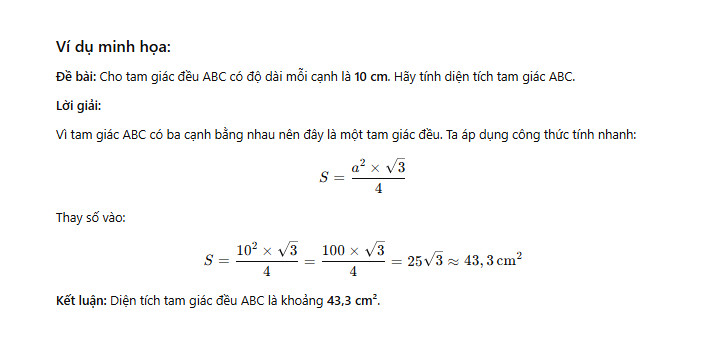 Ví dụ minh họa cách áp dụng công thức tính diện tích tam giác đều khi biết cạnh