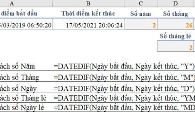 Ví dụ sử dụng hàm DATEDIF để tính khoảng cách theo ngày, tháng, năm