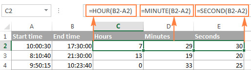 Ví dụ tính chênh lệch giờ, phút, giây riêng lẻ trong Excel