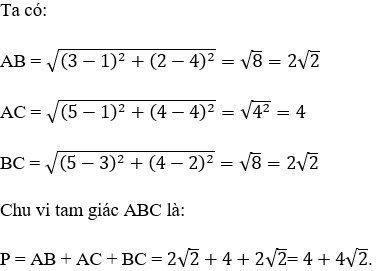 Ví dụ tính chu vi tam giác bằng cách áp dụng công thức tính độ dài các cạnh, dựa trên công thức tính vectơ AB