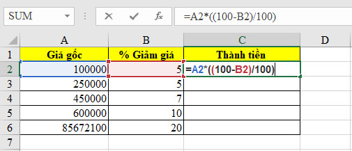 Ví dụ tính giá sau giảm giá trực tiếp trong Excel