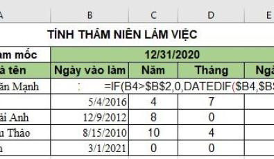 Ví dụ về công thức tính tháng làm việc lẻ và tổng số tháng