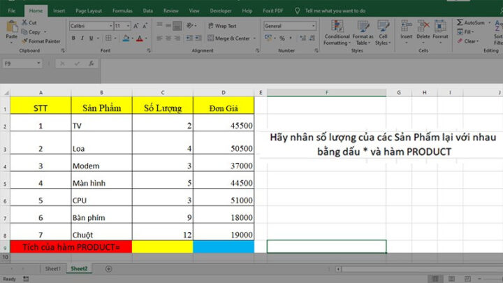 Ví dụ về dữ liệu số cần áp dụng công thức tính tích trong excel