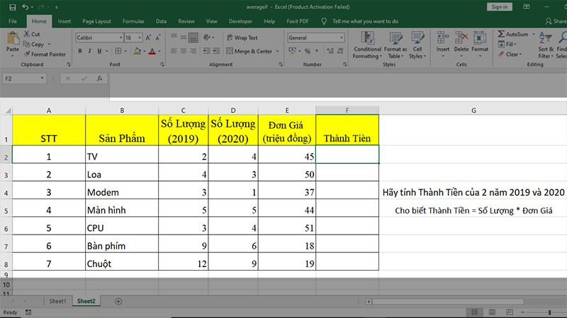 Ví dụ về kết hợp hàm PRODUCT với hàm SUM trong Excel