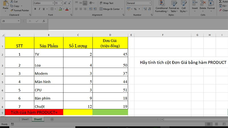 Ví dụ về tính tích một vùng dữ liệu trong Excel