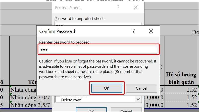 Xác nhận lại mật khẩu để hoàn tất việc ẩn công thức trong Excel.