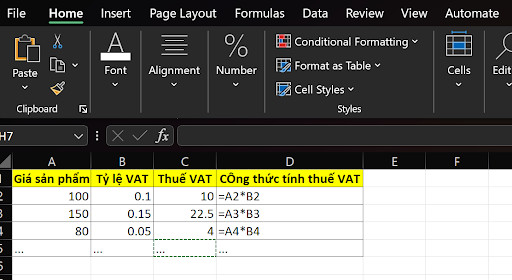 Xây dựng công thức tính thuế VAT cơ bản trong Excel